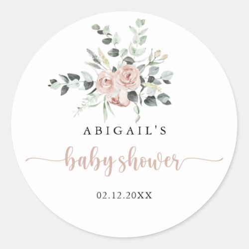 Classic Dusty Pink Rose Floral Baby Shower Favor   Classic Round Sticker
