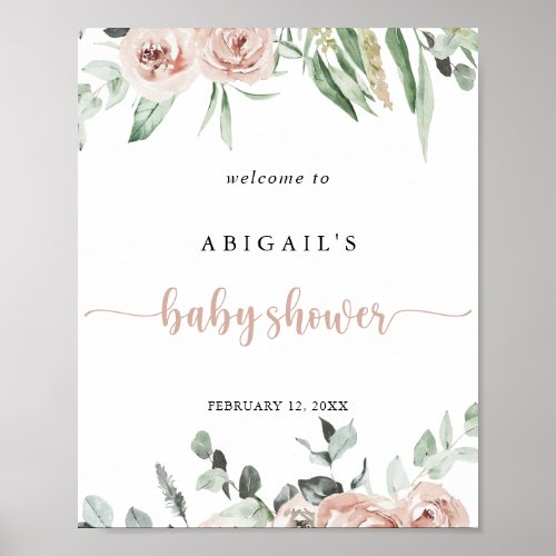 Classic Dusty Pink Rose Floral Baby Shower Welcome Poster