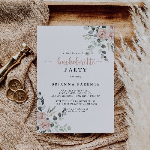 Classic Dusty Pink Rose Floral Bachelorette Party  Invitation