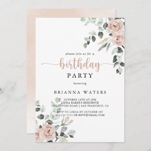Classic Dusty Pink Rose Floral Birthday Party Invitation