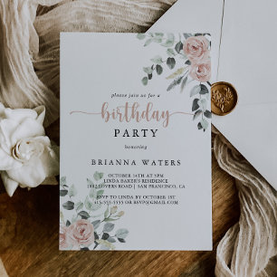 Classic Dusty Pink Rose Floral Birthday Party Invitation