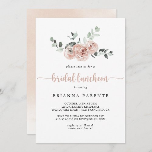 Classic Dusty Pink Rose Floral Bridal Luncheon  Invitation