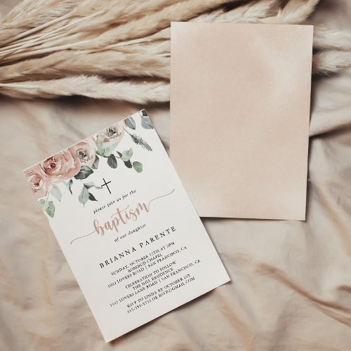 Classic Dusty Pink Rose Floral Calligraphy Baptism Invitation