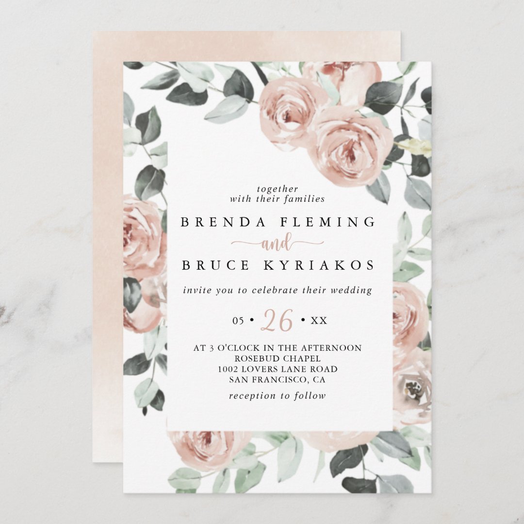 Classic Dusty Pink Rose Floral Casual Wedding Invitation | Zazzle