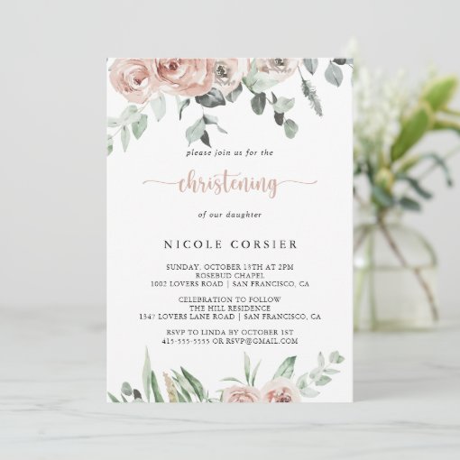 Classic Dusty Pink Rose Floral Christening Invitation | Zazzle