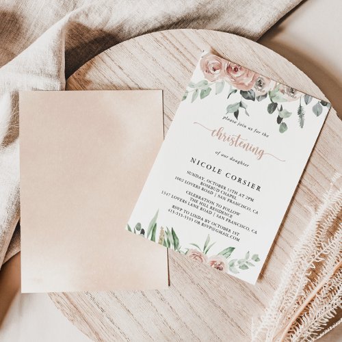 Classic Dusty Pink Rose Floral Christening  Invitation