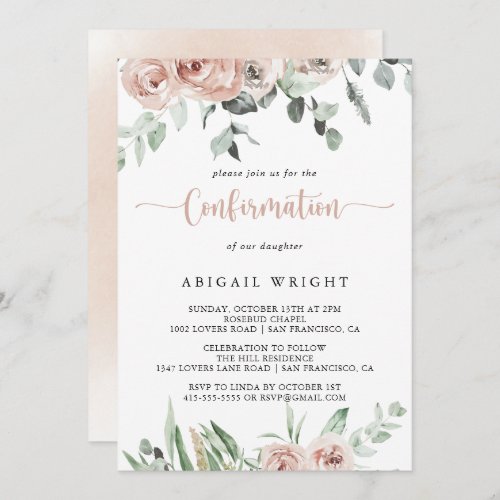 Classic Dusty Pink Rose Floral Confirmation   Invitation