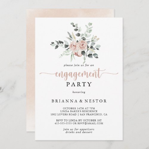 Classic Dusty Pink Rose Floral Engagement Party  Invitation