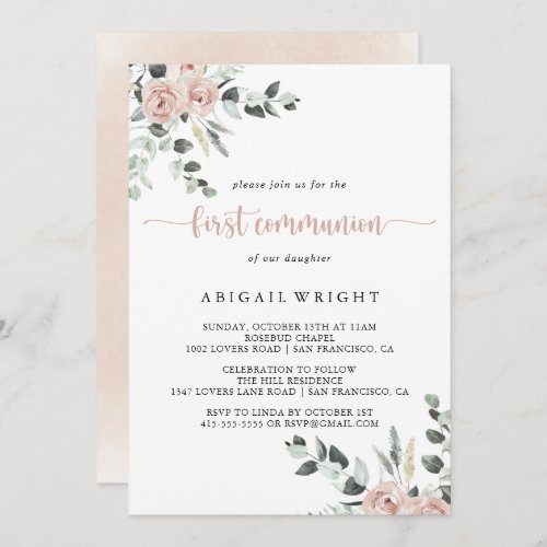 Classic Dusty Pink Rose Floral First Communion  Invitation