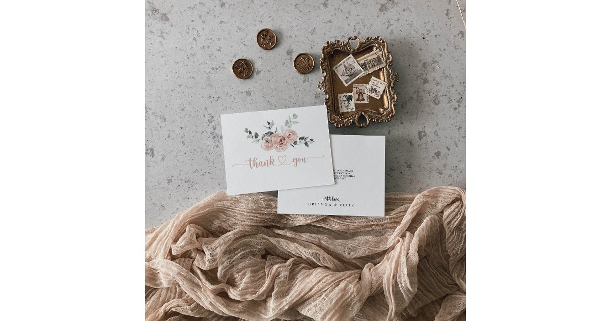 Classic Dusty Pink Rose Floral Flat Wedding Thank You Card | Zazzle