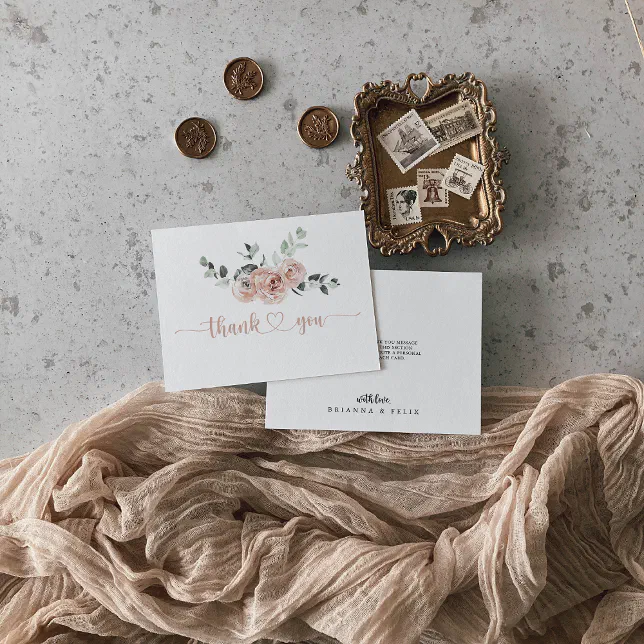 Classic Dusty Pink Rose Floral Flat Wedding Thank You Card | Zazzle