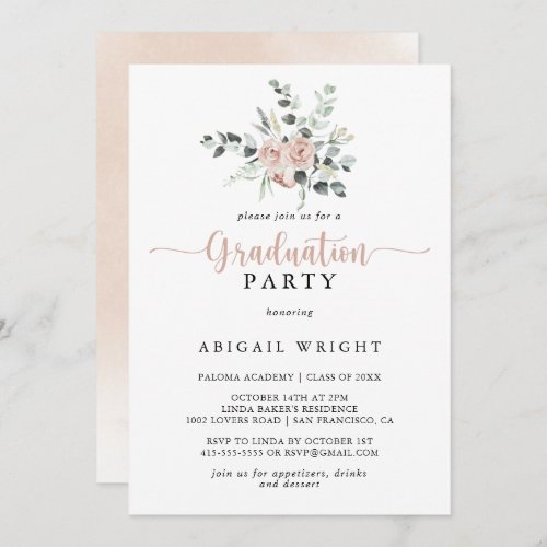 Classic Dusty Pink Rose Floral Graduation Party  Invitation
