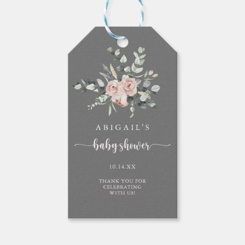 Classic Dusty Pink Rose Floral Gray Baby Shower  Gift Tags