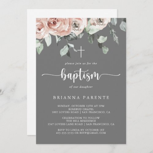 Classic Dusty Pink Rose Floral Gray Baptism Invitation