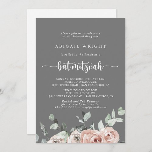 Classic Dusty Pink Rose Floral Gray Bat Mitzvah  Invitation