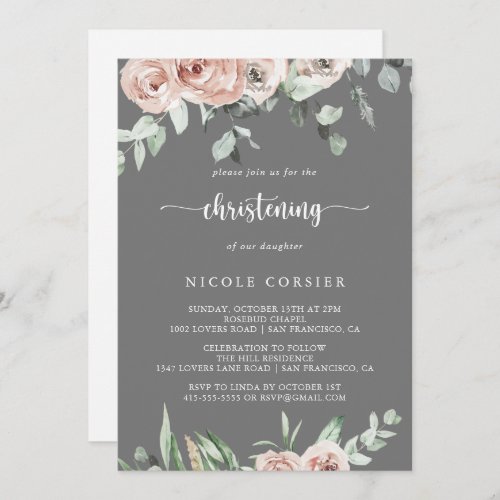 Classic Dusty Pink Rose Floral Gray Christening  Invitation