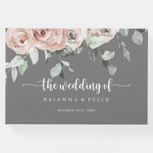 Classic Dusty Pink Rose Floral Gray Wedding Guest Book