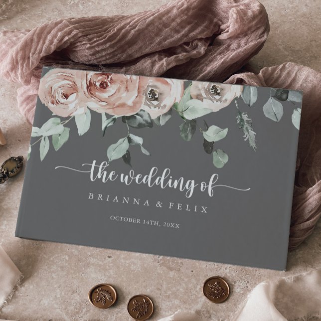 Classic Dusty Pink Rose Floral Gray Wedding Guest Book (Creator Uploaded)