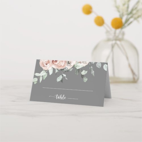 Classic Dusty Pink Rose Floral Gray Wedding  Place Card