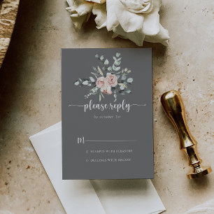 Classic Dusty Pink Rose Floral Gray Wedding RSVP Card