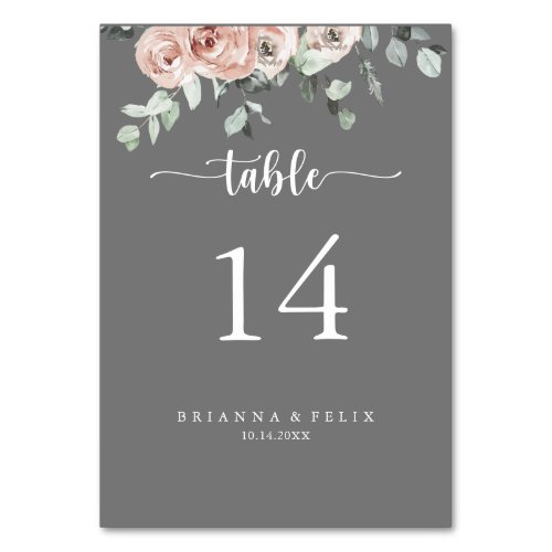 Classic Dusty Pink Rose Floral Gray Wedding  Table Number