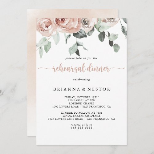 Classic Dusty Pink Rose Floral Rehearsal Dinner  Invitation