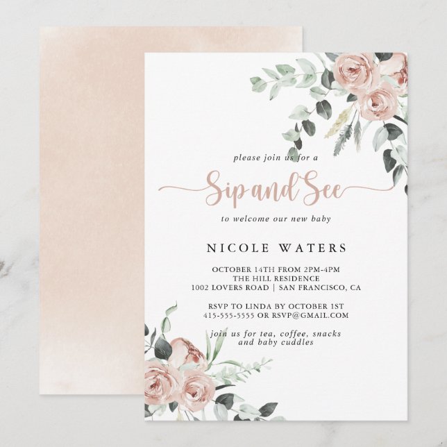 Classic Dusty Pink Rose Floral Sip and See  Invitation (Front/Back)