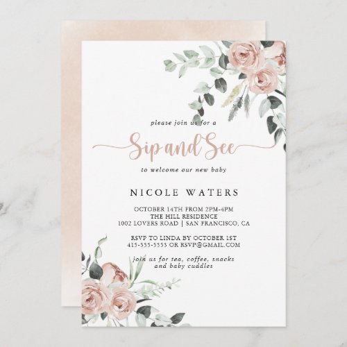 Classic Dusty Pink Rose Floral Sip and See  Invitation