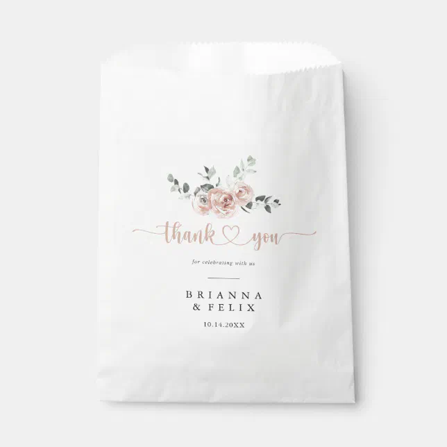 Classic Dusty Pink Rose Floral Thank You Wedding Favor Bag | Zazzle