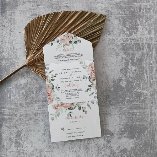 Classic Dusty Pink Rose Floral Wedding   All In One Invitation