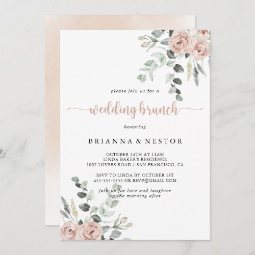 Classic Dusty Pink Rose Floral Wedding Brunch Invitation