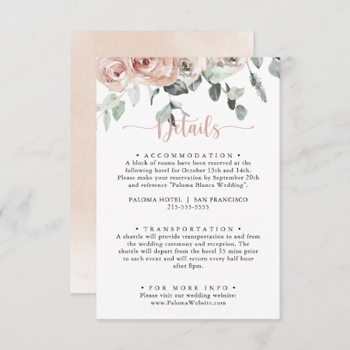 Classic Dusty Pink Rose Floral Wedding Details  Enclosure Card