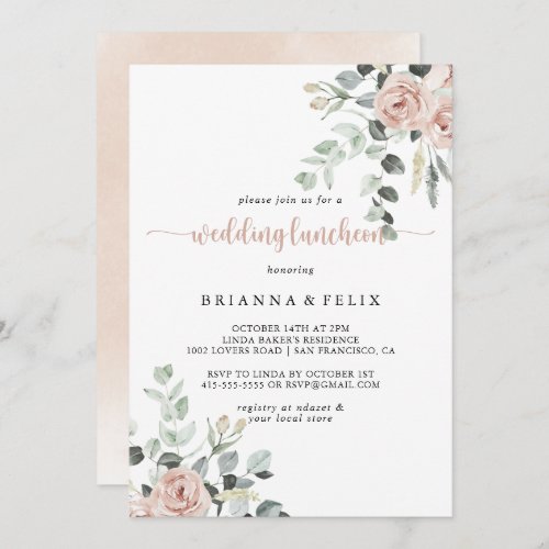 Classic Dusty Pink Rose Floral Wedding Luncheon  Invitation