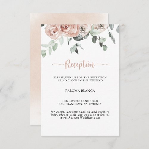 Classic Dusty Pink Rose Floral Wedding Reception  Enclosure Card