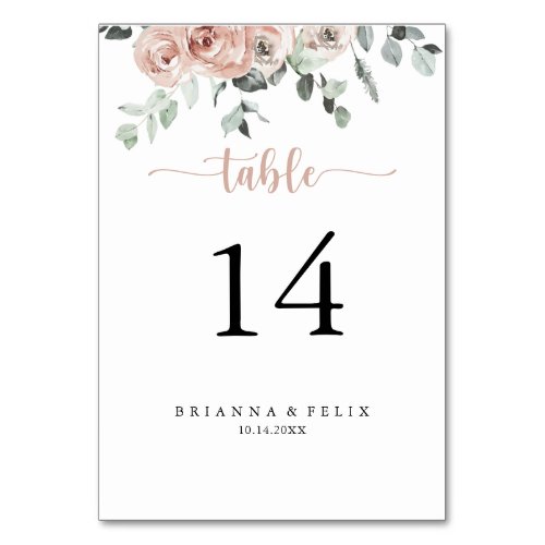 Classic Dusty Pink Rose Floral Wedding  Table Number