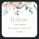 Classic Dusty Pink Rose Floral Wedding Welcome   Square Sticker<br><div class="desc">This classic dusty pink rose floral wedding welcome square sticker is perfect for a rustic wedding. The design features elegant watercolor dusty pink roses and green foliage,  neatly assembled into beautiful bouquets.

These labels are perfect for hotel guest welcome bags and destination weddings.</div>