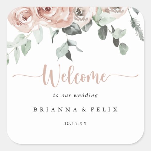 Classic Dusty Pink Rose Floral Wedding Welcome   Square Sticker