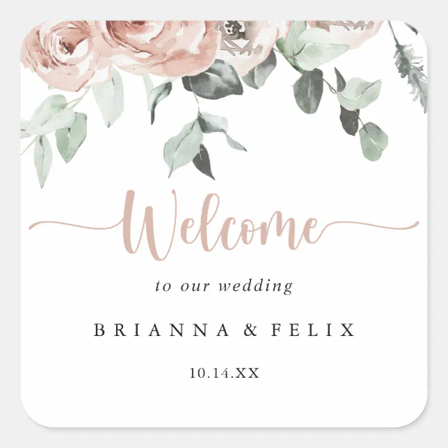 Classic Dusty Pink Rose Floral Wedding Welcome Square Sticker | Zazzle