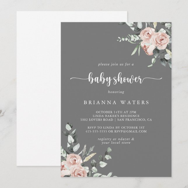 Classic Dusty Pink Rose Gray Baby Shower  Invitation (Front/Back)