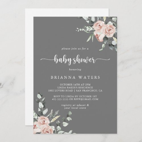 Classic Dusty Pink Rose Gray Baby Shower  Invitation