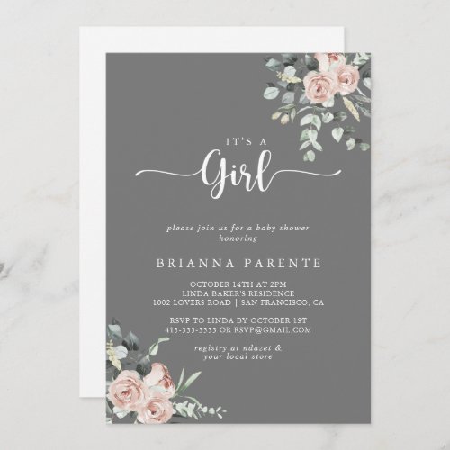Classic Dusty Pink Rose Gray Its A Girl   Invitation