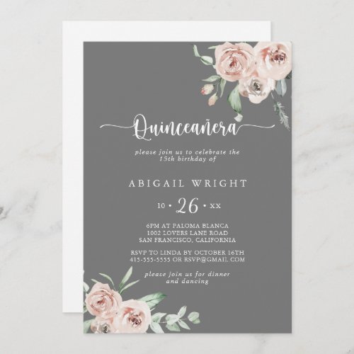Classic Dusty Pink Rose Gray Quinceaera  Invitation