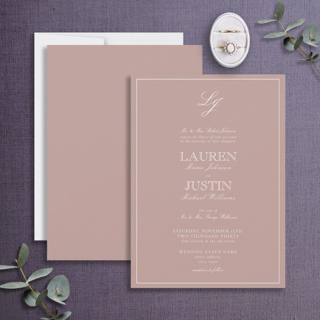 Classic Dusty Rose Calligraphy Monogram Wedding Invitation (Creator Uploaded)