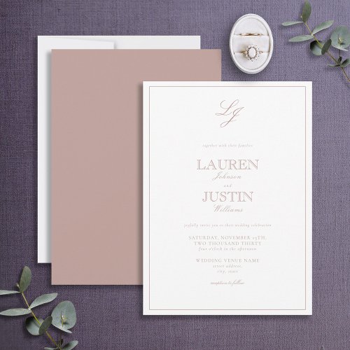 Classic Dusty Rose Calligraphy Monogram Wedding Invitation