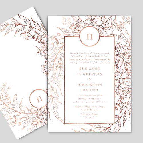 Classic Dusty Rose Gold Monogram Wreath Wedding Invitation