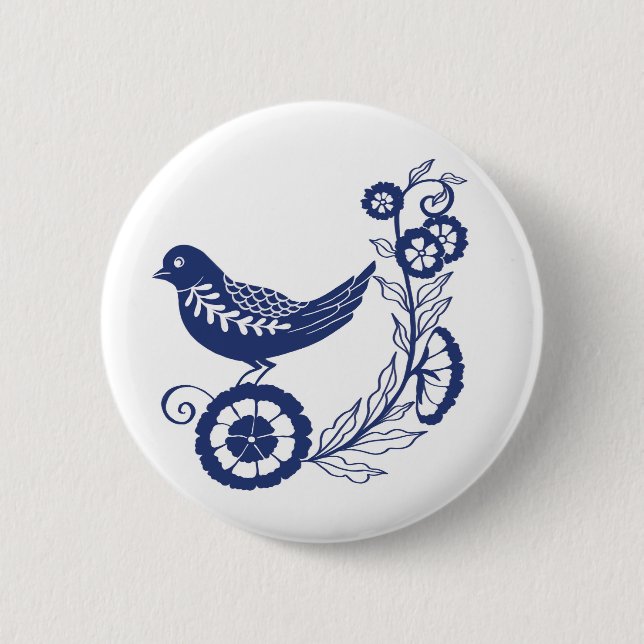 Classic Dutch Blue Delft Tile Bird Design Button (Front)