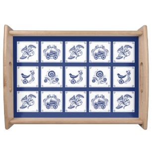 Classic Dutch Blue Delft Tile Floral & Bird Serving Tray