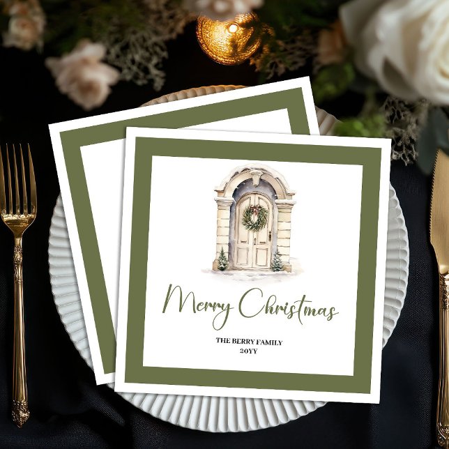 Classic Earth Tone Christmas Door Custom Name Napkins (Classic Earth Tone Christmas Tree Custom Name Napkins)