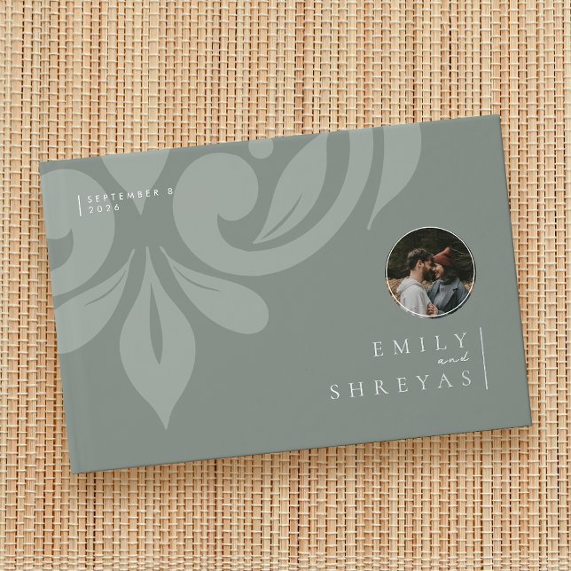 Classic Earthy Damask Sage Olive Photo Wedding Foil Guest Book (Creator Uploaded)