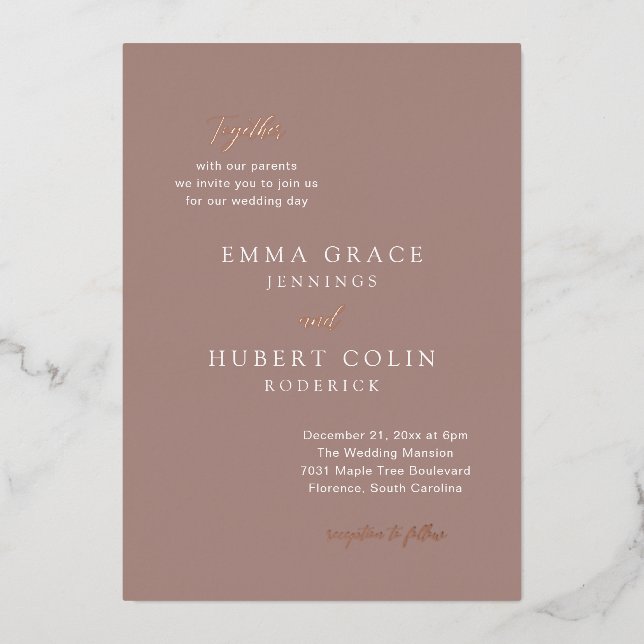 Classic Earthy Neutral Elegant Wedding Foil Invitation (Front)